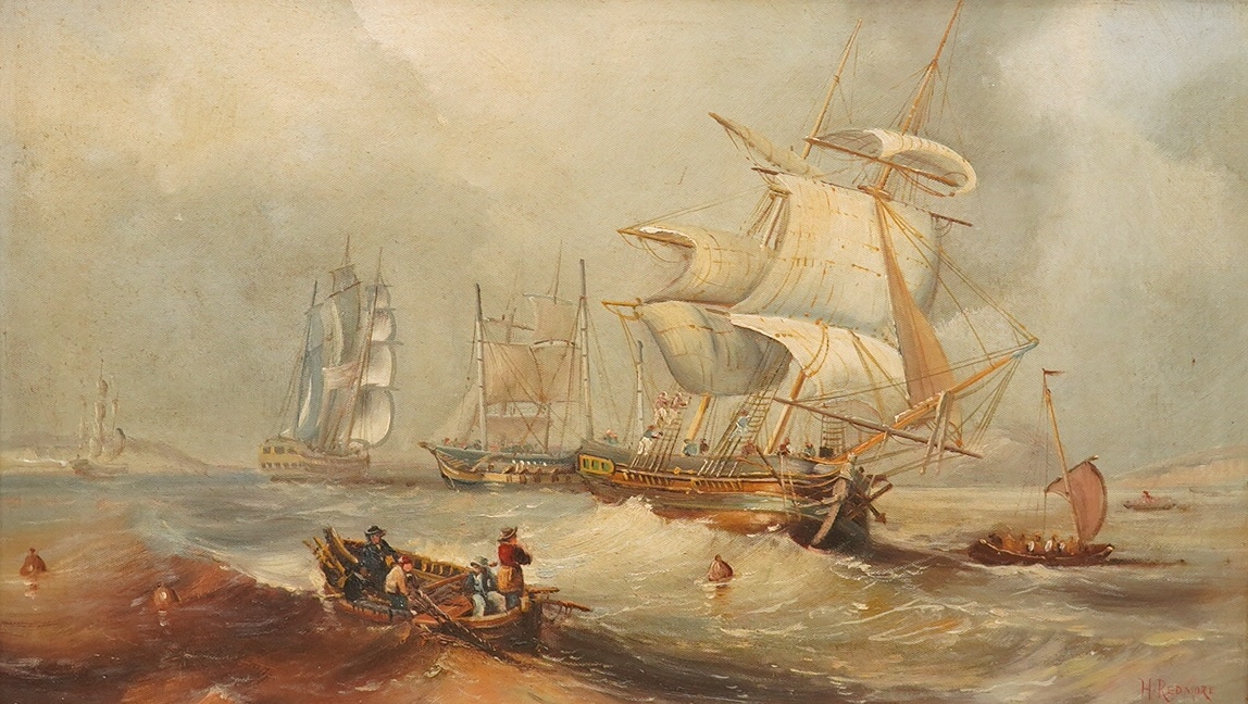 Manner of Henry Redmore, oil on canvas board, Maritime scene with ships, 34 x 58cm, ornate gilt framed. Condition - poor